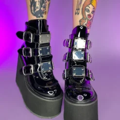 Pleasers Shoes Demonia Swing Black Platform With Chrome Plates