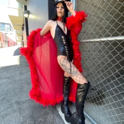 Be Wicked New Lux Doll Sheer Long Robe With Boa Feather Trim
