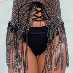 Hengda Fringe Sparkles Rhinestone Front Wrap Skirt