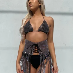 Hengda Fringe Sparkles Rhinestone Front Wrap Skirt