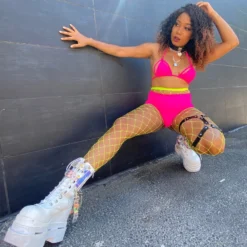 Pleasers Demonia White Triple Tiered Wedge Cutout PF Lace-Up Front Mid-Calf Boot