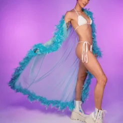 Be Wicked New Lux Doll Sheer Long Robe With Boa Feather Trim