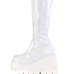 Pleasers Demonia Shaker White Holo Knee High Boots Shoes