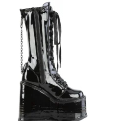 Pleasers Shoes Demonia Swing Patent Black Chain Knee-High Boots