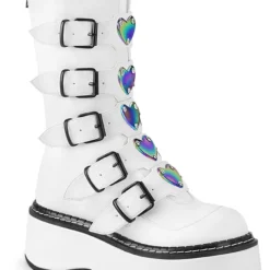 Pleasers Shoes Demonia Emily White Heart-Buckle Boots