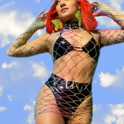 MUSIC LEGS Rainbow Mesh Wide Fishnet Dress New