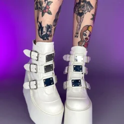 Pleasers Shoes Demonia Swing White Platform With Chrome Plates