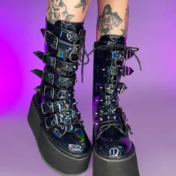 Pleasers Shoes Demonia Black Holographic Studded Mid-Calf Platform Boots