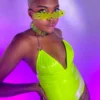 OhYes Fashion Neon Yellow Urban Nights Vinyl And Chain Bodysuit Womens