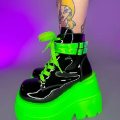 Pleasers Shoes Demonia Neon Green Wedge Platform Lace-Up Front Ankle Boot