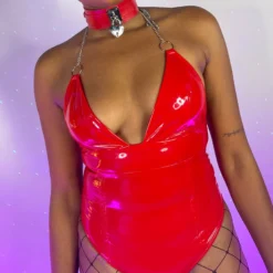 OhYes Fashion Womens Red Urban Nights Vinyl And Chain Bodysuit