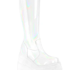 Pleasers Demonia Shaker White Holo Knee High Boots Shoes