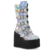 Pleasers Acid Jungle Demonia Silver Hologram Platform Mid-Calf Boots