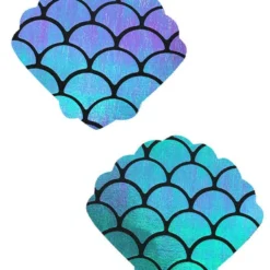 Neva Nude Womens Holographic Blue/Green Mermaid Scale Pattern Shell Pasties